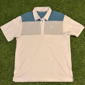 Travis Mathew White Polo with Blue Stripes